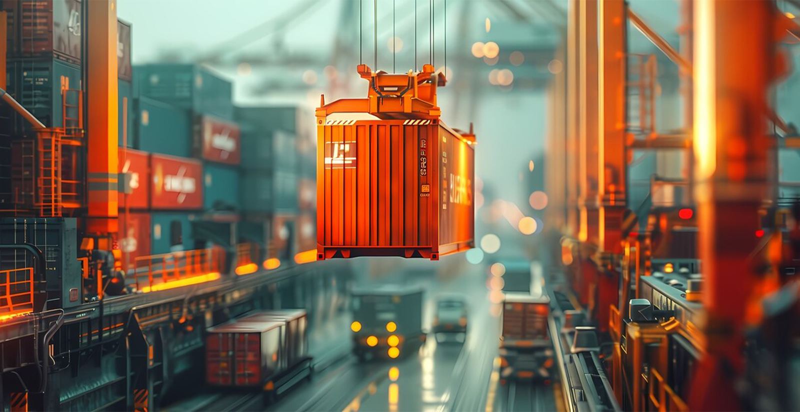 Orange shipping container lifted by crane at a cargo terminal