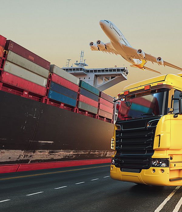 Cargo plane, container ship and truck — multimodal freight